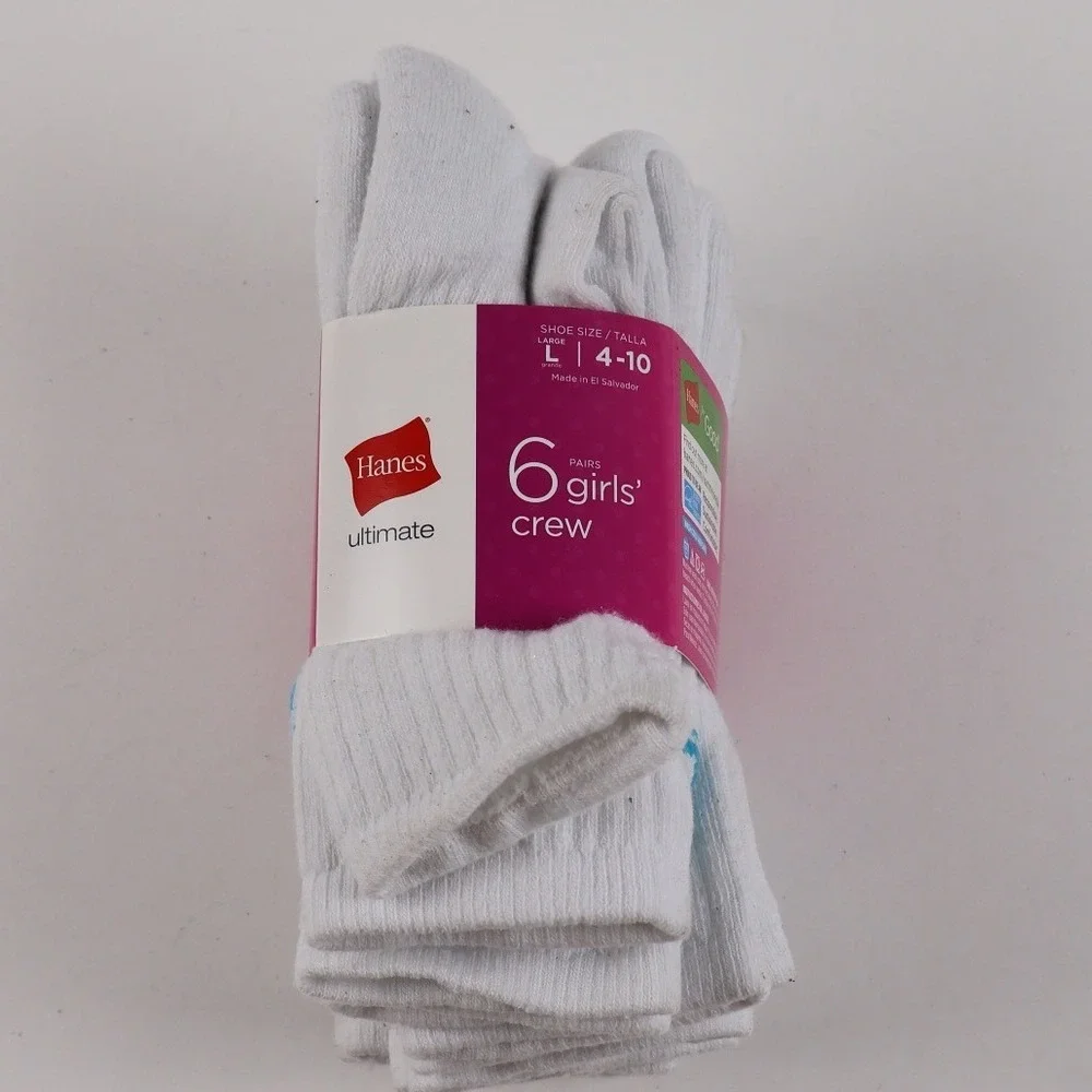 Hanes Socks Ultimate Crew White Solid Girls Large 4-10 6 Pair Pack NWT